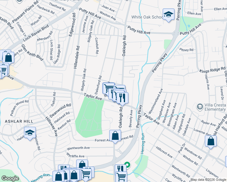 map of restaurants, bars, coffee shops, grocery stores, and more near 1708 Goodview Road in Parkville