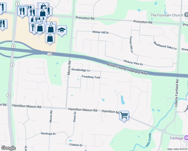 map of restaurants, bars, coffee shops, grocery stores, and more near 3742 Treadway Trail in Hamilton