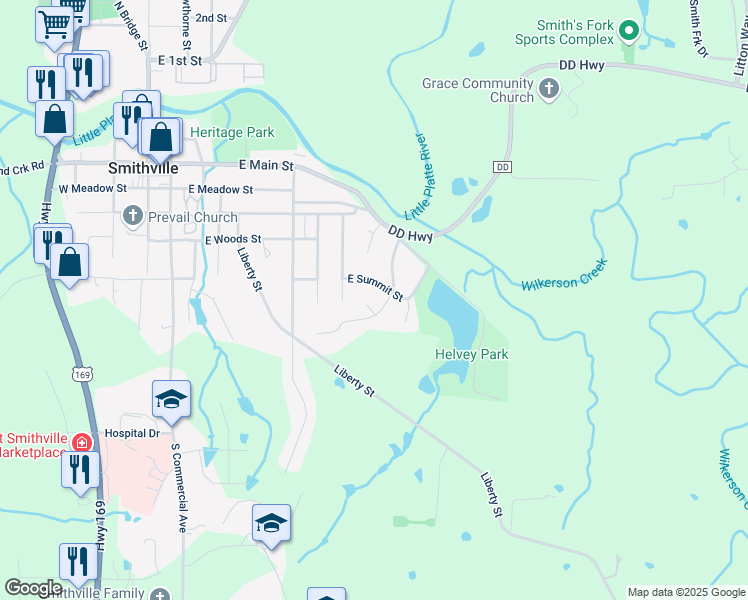 map of restaurants, bars, coffee shops, grocery stores, and more near 203 Lakeland Drive in Smithville