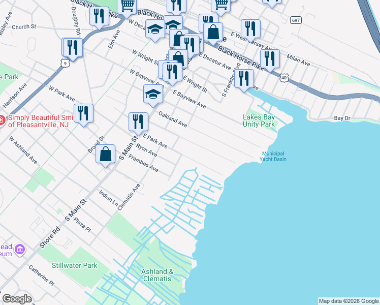 map of restaurants, bars, coffee shops, grocery stores, and more near 122 East Park Avenue in Pleasantville