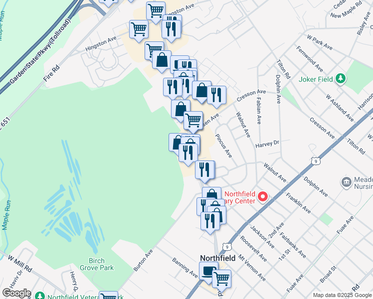map of restaurants, bars, coffee shops, grocery stores, and more near 501 Tilton Road in Northfield