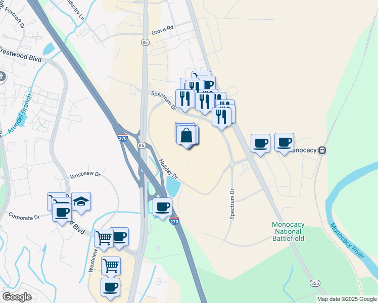 map of restaurants, bars, coffee shops, grocery stores, and more near 5500 Buckeystown Pike in Frederick