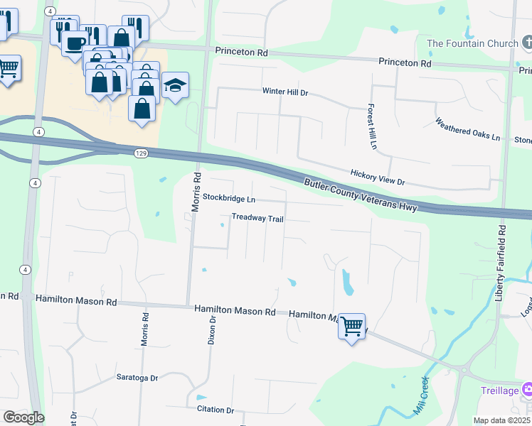 map of restaurants, bars, coffee shops, grocery stores, and more near 3742 Treadway Trail in Hamilton