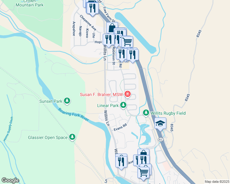 map of restaurants, bars, coffee shops, grocery stores, and more near 334 Sopris Circle in Basalt