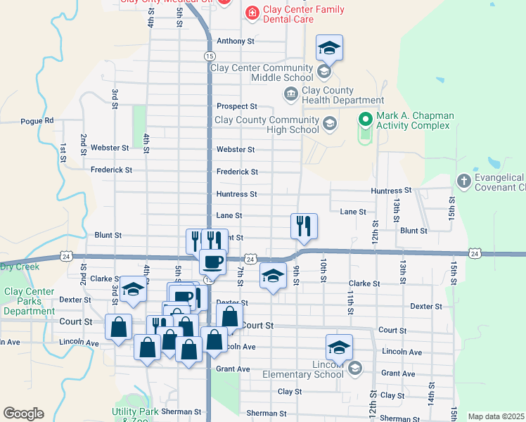 map of restaurants, bars, coffee shops, grocery stores, and more near 731 Lane Street in Clay Center