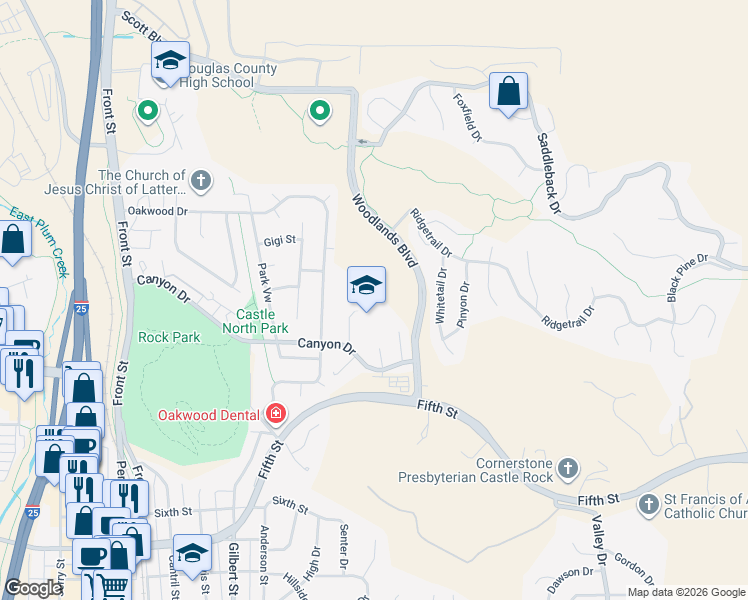 map of restaurants, bars, coffee shops, grocery stores, and more near 1103 Canyon Drive in Castle Rock