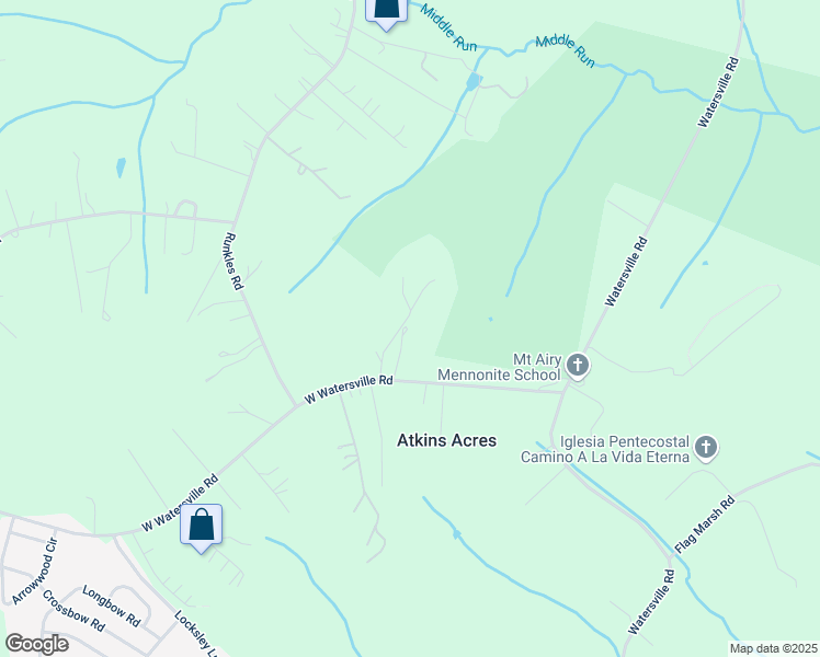 map of restaurants, bars, coffee shops, grocery stores, and more near 3410 West Watersville Road in Mount Airy