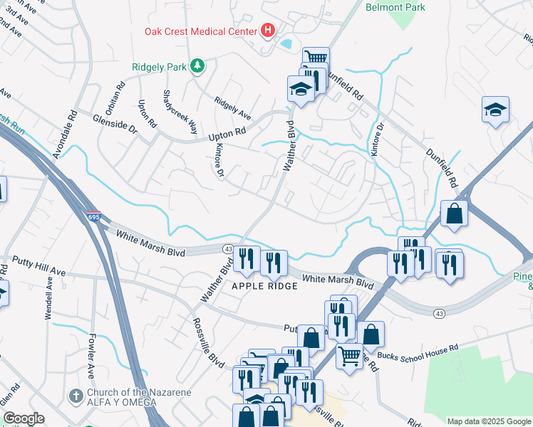 map of restaurants, bars, coffee shops, grocery stores, and more near 8501 Walther Boulevard in Nottingham