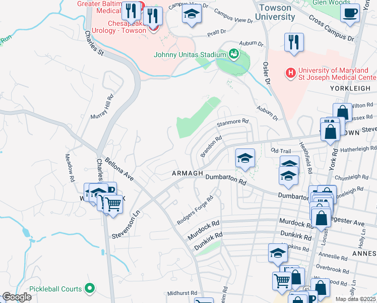 map of restaurants, bars, coffee shops, grocery stores, and more near 142 Stanmore Road in Baltimore