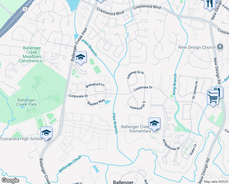 map of restaurants, bars, coffee shops, grocery stores, and more near 5532 Aeriel Place in Frederick