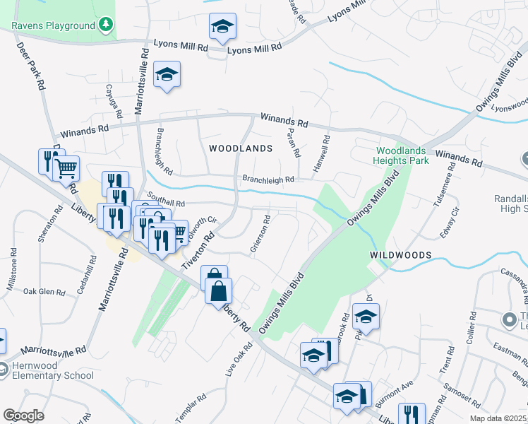map of restaurants, bars, coffee shops, grocery stores, and more near 9701 Southall Road in Randallstown