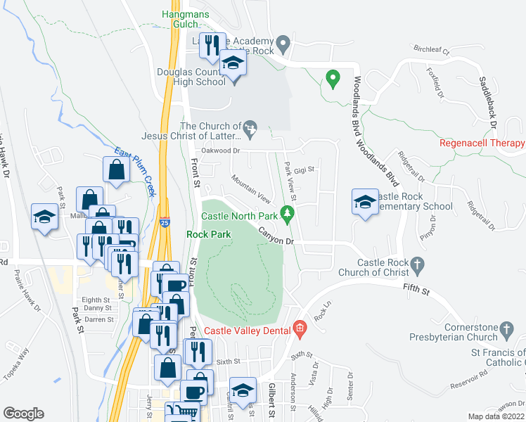 map of restaurants, bars, coffee shops, grocery stores, and more near 715 Canyon Drive in Castle Rock