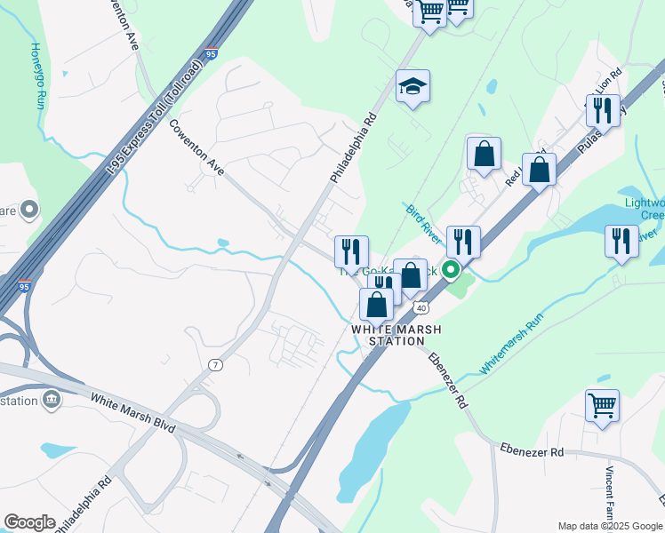 map of restaurants, bars, coffee shops, grocery stores, and more near 5419 Ebenezer Road in White Marsh