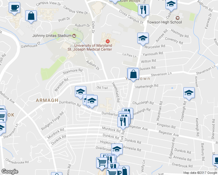 map of restaurants, bars, coffee shops, grocery stores, and more near 372 Old Trail in Baltimore