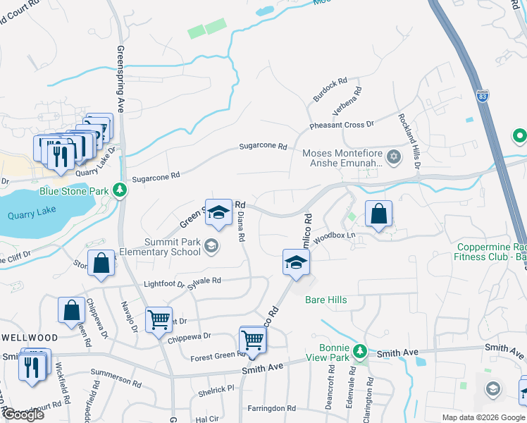 map of restaurants, bars, coffee shops, grocery stores, and more near 1 Diamond Crest Court in Baltimore