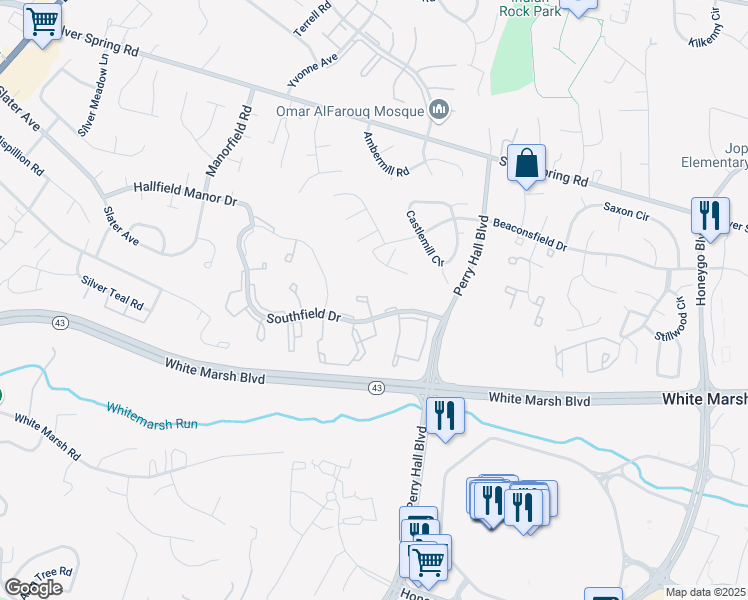 map of restaurants, bars, coffee shops, grocery stores, and more near 15 Margery Court in Perry Hall