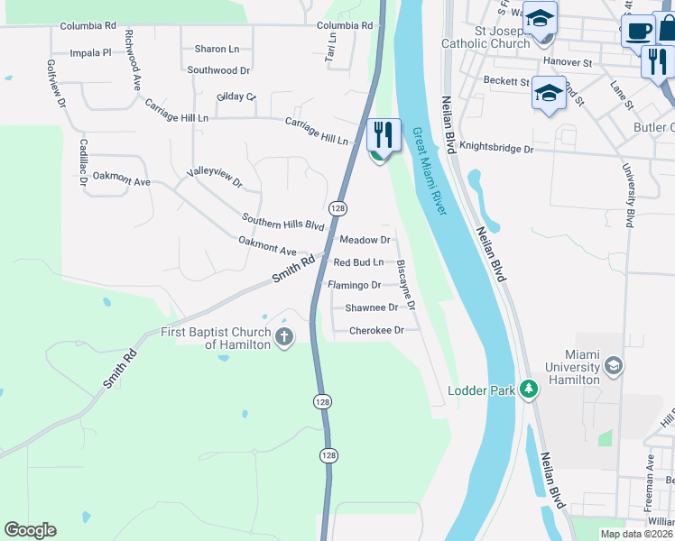 map of restaurants, bars, coffee shops, grocery stores, and more near 64 Flamingo Drive in Hamilton