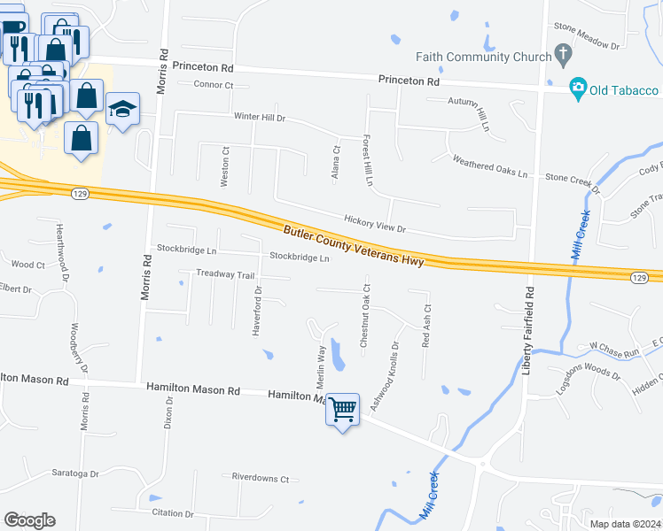 map of restaurants, bars, coffee shops, grocery stores, and more near 3929 Stockbridge Lane in Hamilton