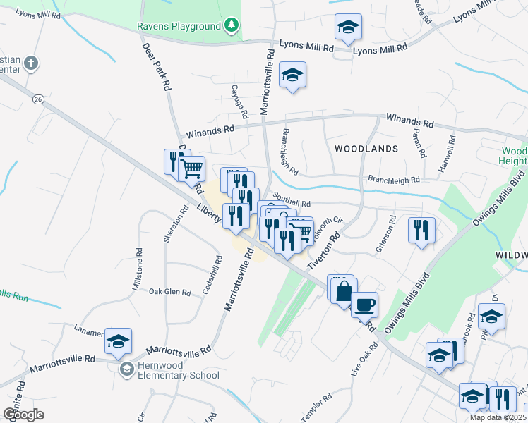 map of restaurants, bars, coffee shops, grocery stores, and more near 3826 Rayton Road in Randallstown