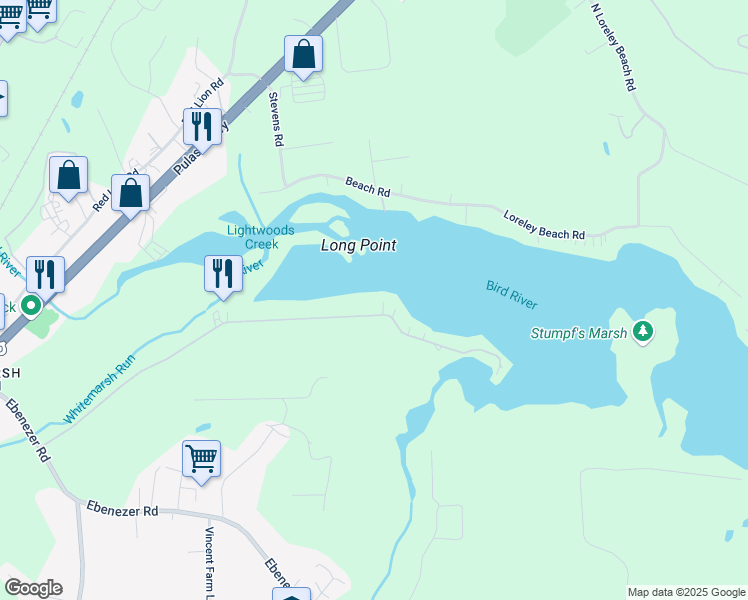 map of restaurants, bars, coffee shops, grocery stores, and more near 11134 Bird River Grove Road in White Marsh