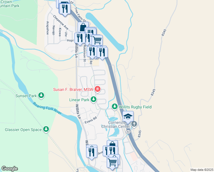 map of restaurants, bars, coffee shops, grocery stores, and more near 421 Meadow Court in Basalt