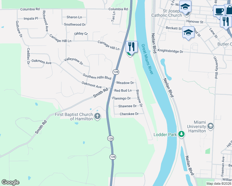 map of restaurants, bars, coffee shops, grocery stores, and more near 64 Flamingo Drive in Hamilton