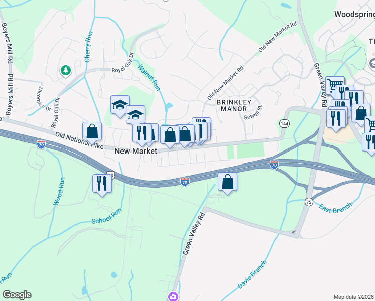 map of restaurants, bars, coffee shops, grocery stores, and more near 22 West Main Street in New Market