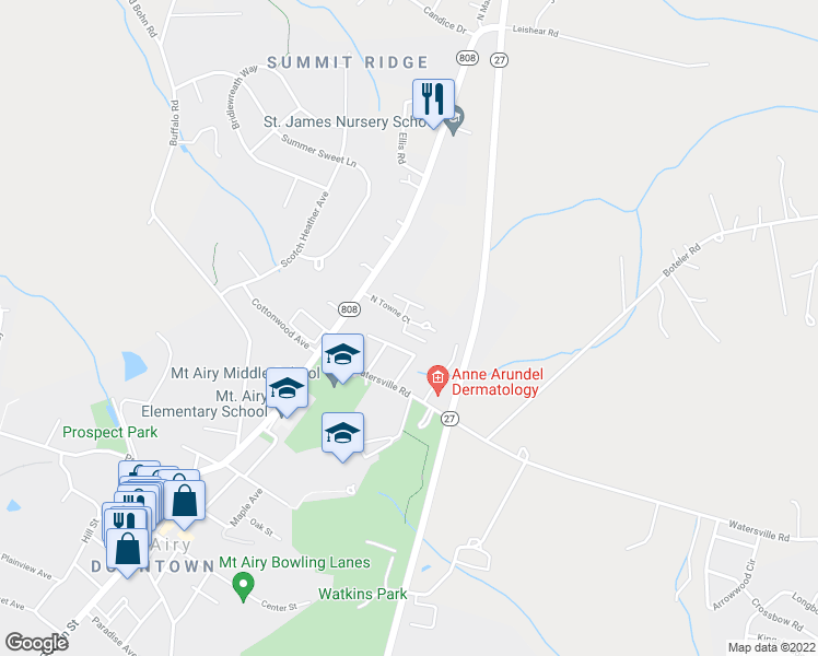 map of restaurants, bars, coffee shops, grocery stores, and more near 124 North Towne Court in Mount Airy