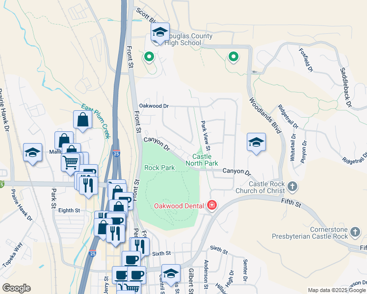 map of restaurants, bars, coffee shops, grocery stores, and more near 715 Canyon Drive in Castle Rock