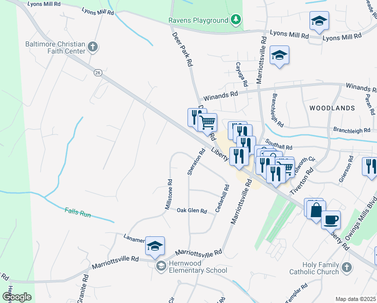 map of restaurants, bars, coffee shops, grocery stores, and more near 4 Millstone Road in Randallstown