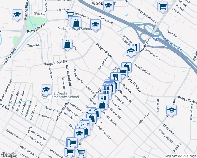 map of restaurants, bars, coffee shops, grocery stores, and more near 2909 Willoughby Road in Parkville