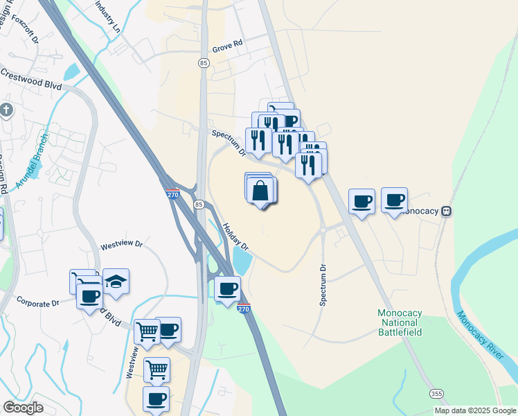 map of restaurants, bars, coffee shops, grocery stores, and more near 5500 Buckeystown Pike in Frederick