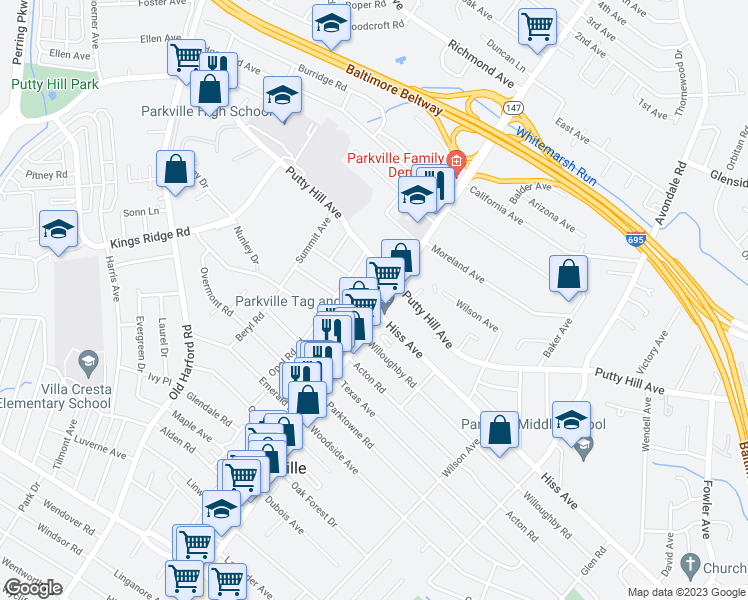 map of restaurants, bars, coffee shops, grocery stores, and more near 8700 Harford Road in Parkville