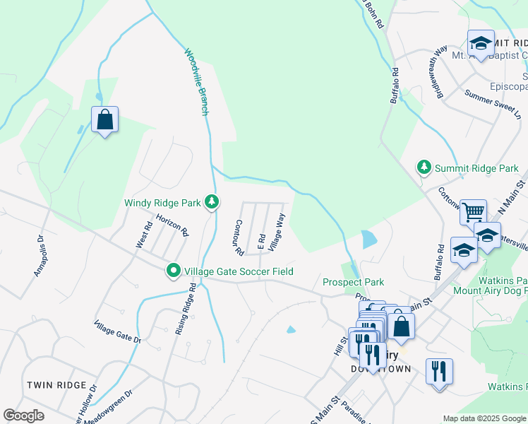 map of restaurants, bars, coffee shops, grocery stores, and more near 208 East Road in Mount Airy