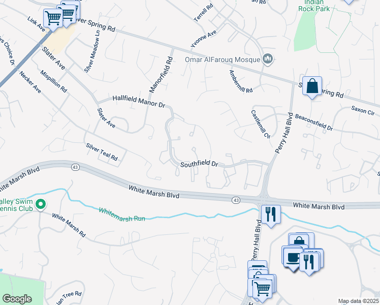 map of restaurants, bars, coffee shops, grocery stores, and more near 20 Turnmill Court in Perry Hall