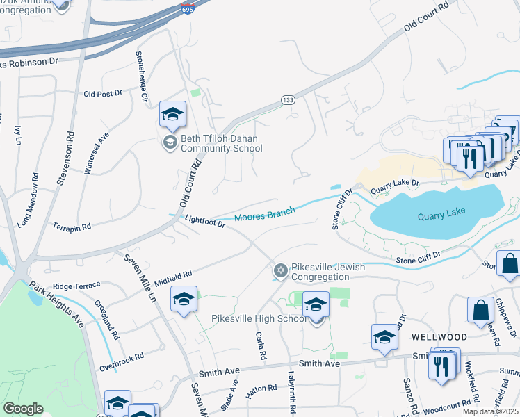 map of restaurants, bars, coffee shops, grocery stores, and more near 11 Lighttown Court in Baltimore