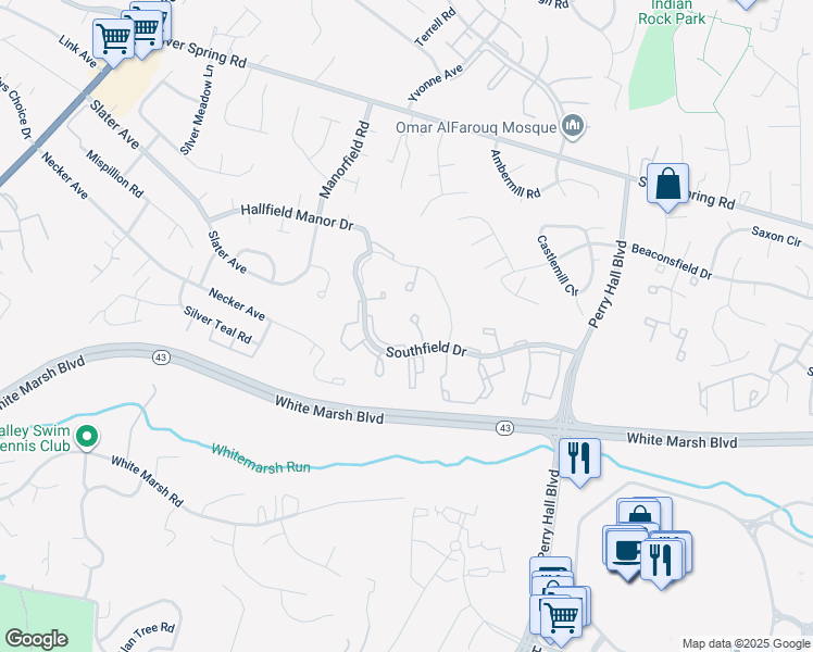 map of restaurants, bars, coffee shops, grocery stores, and more near 20 Turnmill Court in Perry Hall