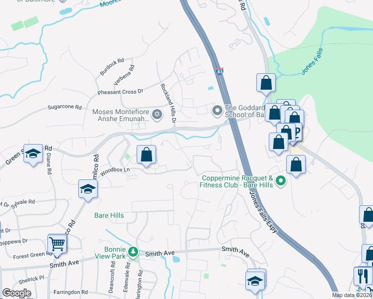 map of restaurants, bars, coffee shops, grocery stores, and more near 7205 Brookfalls Terrace in Baltimore