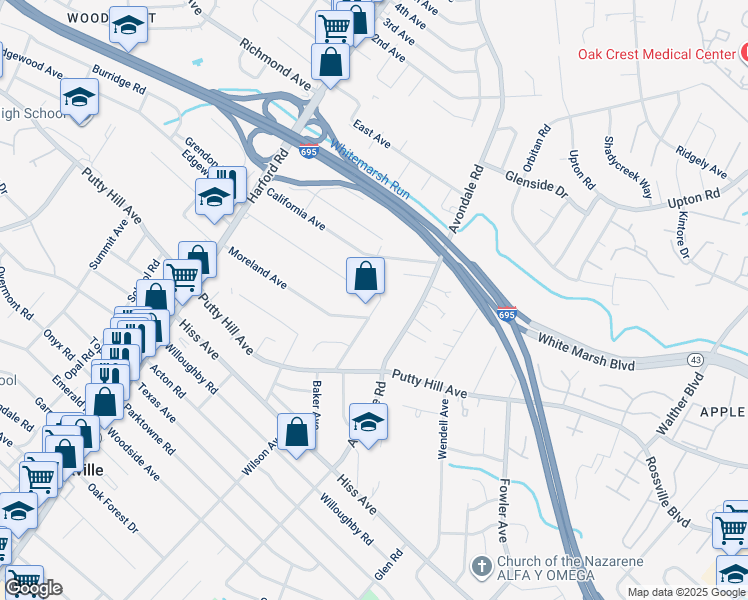 map of restaurants, bars, coffee shops, grocery stores, and more near 8830 Baker Avenue in Parkville