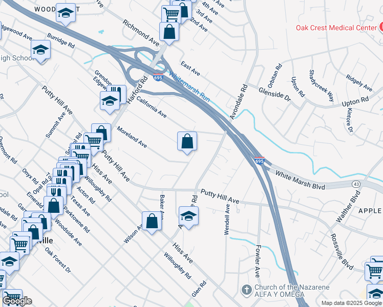map of restaurants, bars, coffee shops, grocery stores, and more near 8830 Baker Avenue in Parkville