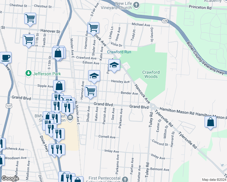 map of restaurants, bars, coffee shops, grocery stores, and more near 2020 Bender Avenue in Hamilton