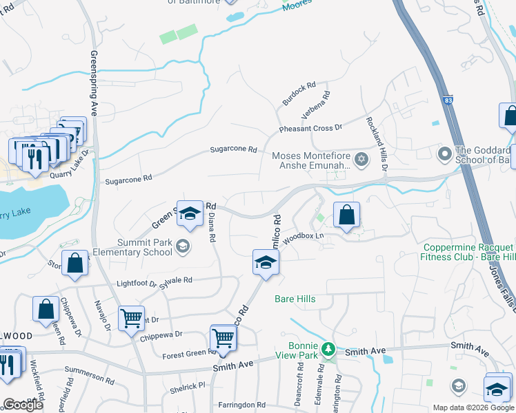 map of restaurants, bars, coffee shops, grocery stores, and more near 5 Crystal Field Court in Baltimore