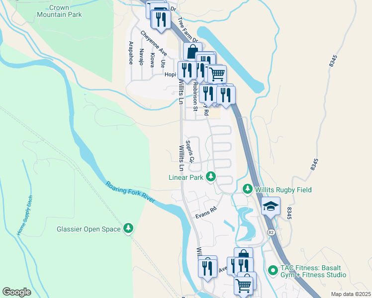 map of restaurants, bars, coffee shops, grocery stores, and more near 323 Meadow Drive in Basalt