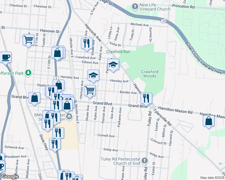 map of restaurants, bars, coffee shops, grocery stores, and more near 2020 Bender Avenue in Hamilton