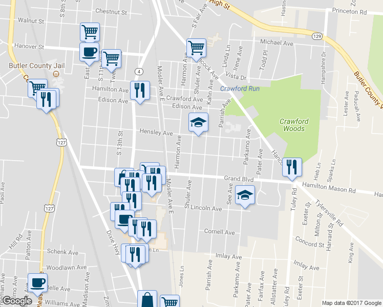 map of restaurants, bars, coffee shops, grocery stores, and more near Shuler Avenue in Hamilton