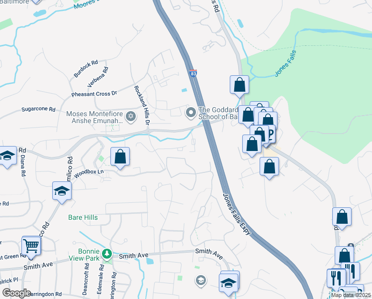 map of restaurants, bars, coffee shops, grocery stores, and more near 7273 Brookfalls Terrace in Baltimore
