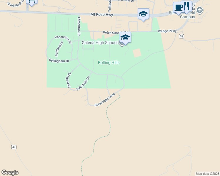 map of restaurants, bars, coffee shops, grocery stores, and more near 4430 Great Falls Loop in Reno