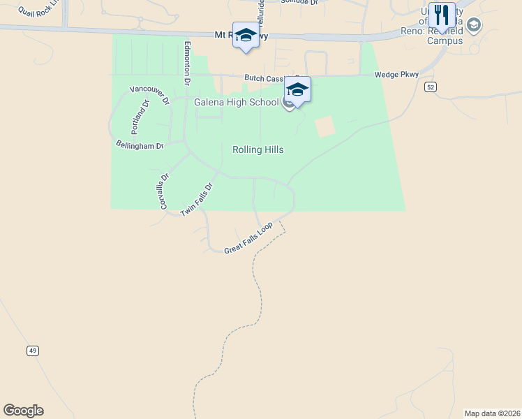 map of restaurants, bars, coffee shops, grocery stores, and more near 4430 Great Falls Loop in Reno