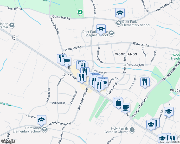 map of restaurants, bars, coffee shops, grocery stores, and more near 9902 Cervidae Lane in Randallstown