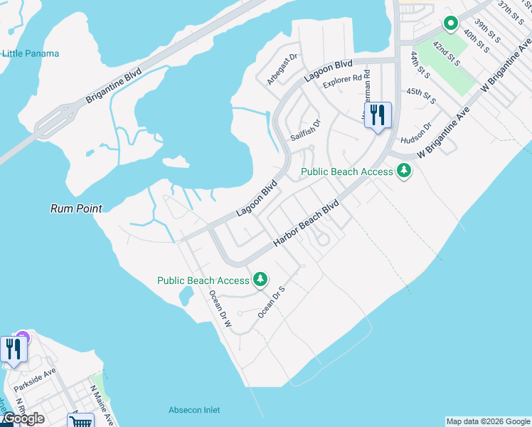 map of restaurants, bars, coffee shops, grocery stores, and more near 8 Manitoba Avenue in Brigantine